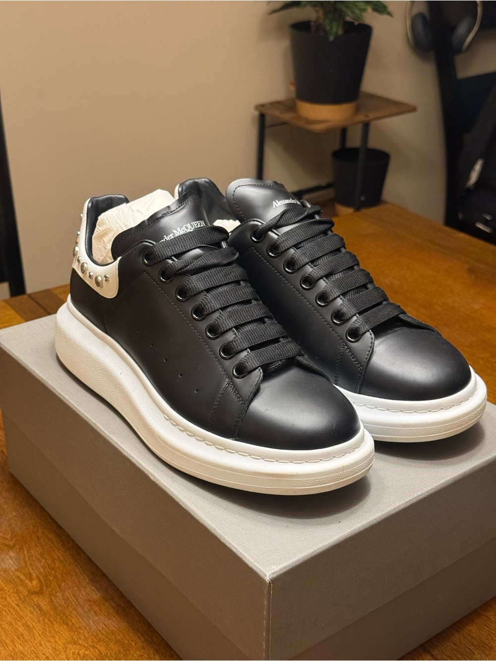 Alexander McQueen Black and White Leather Platform Sneakers with Studded Heel